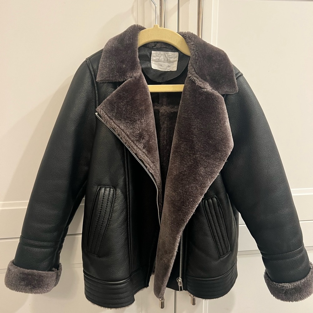 Zara Kids Black Brown Faux Leather & Fur Moto Jacket